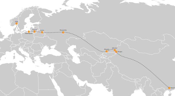 Block train from Nanning in China to Oslo in Norway